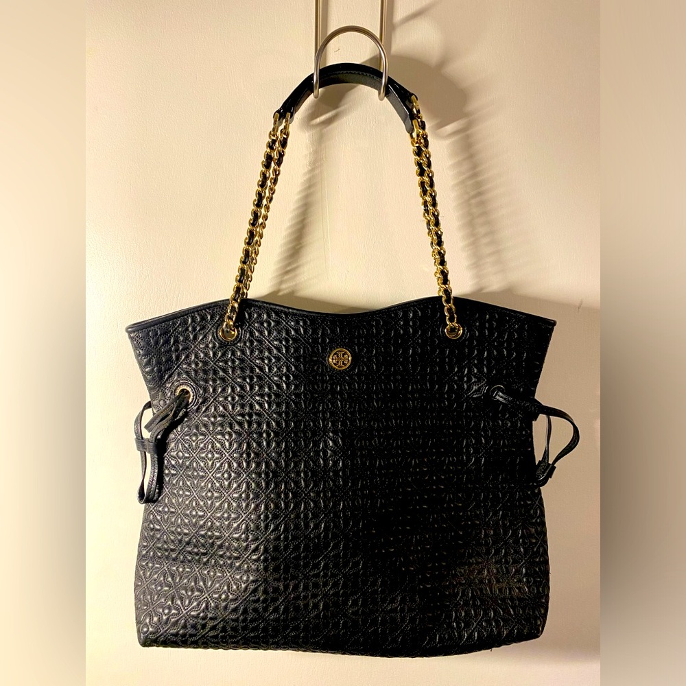 Tory Burch quilted tote | large, new, black and gold - Picture 1 of 9